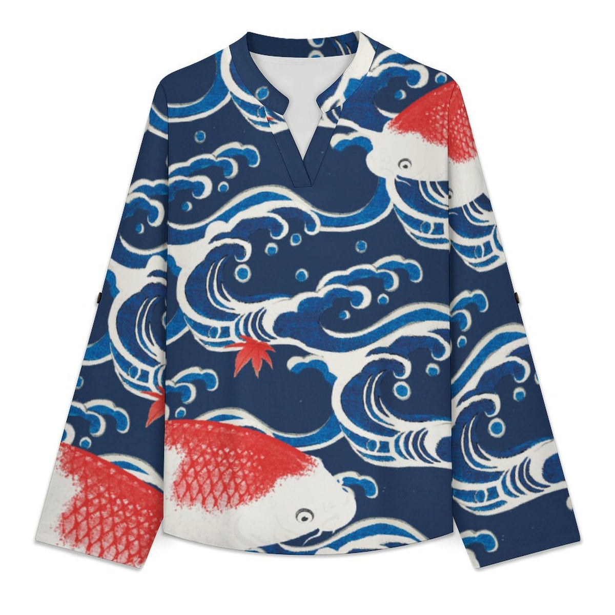 Chinese Wind, Waves, Fish  Versatile Notched V-Neck Tunic | Roll Tab 3/4 Sleeve Office Casual Top