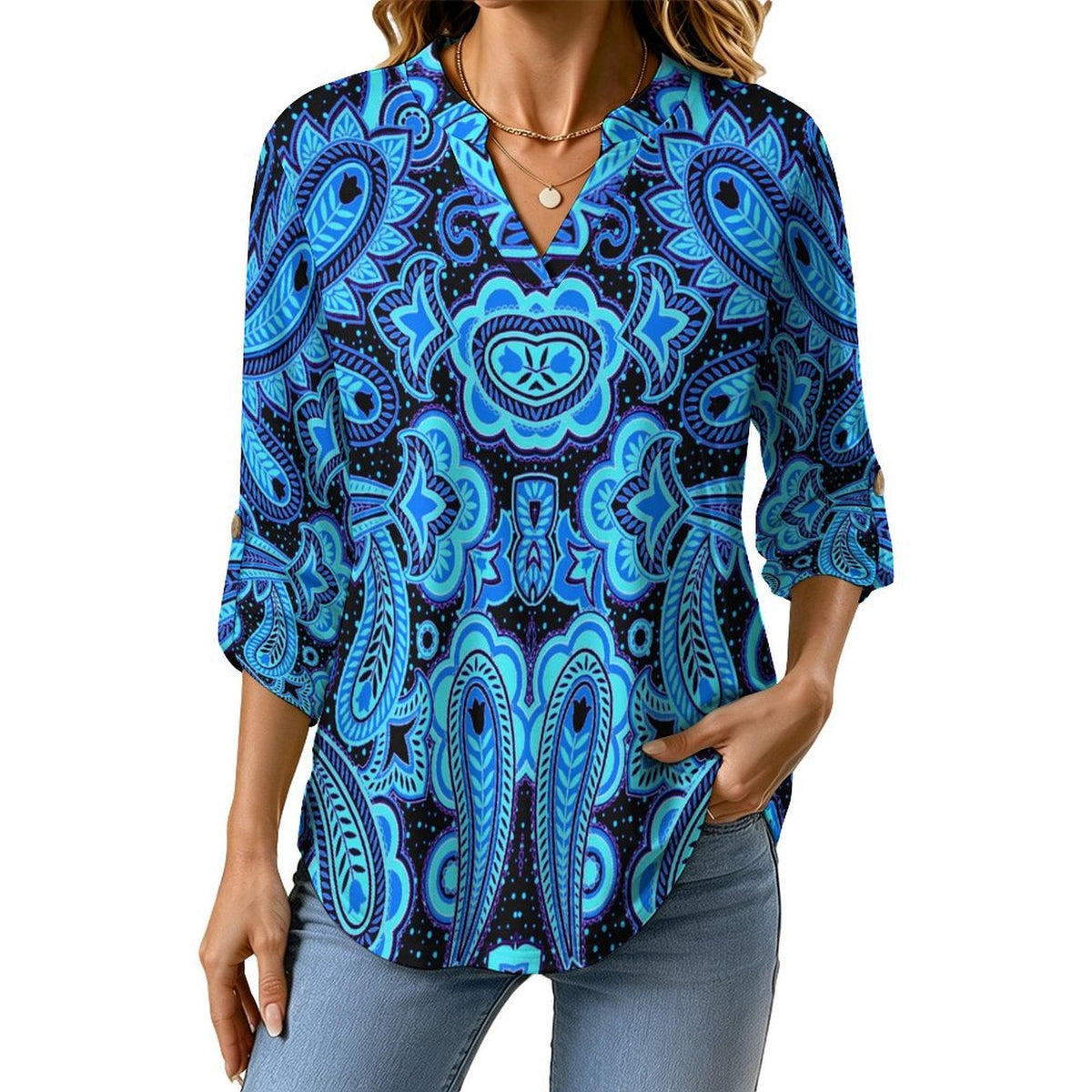 Paisley  Versatile Notched V-Neck Tunic | Roll Tab 3/4 Sleeve Office Casual Top