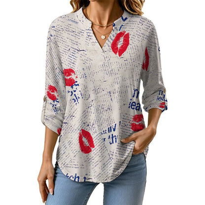 Newspaper Red Lip Print Blue Letters Roll Tab 3/4 Sleeve Notched V Neck Tunic Blouse