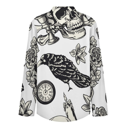 Skull Repeat Pattern  Versatile Notched V-Neck Tunic | Roll Tab 3/4 Sleeve Office Casual Top