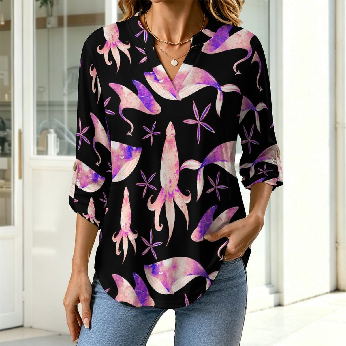 Versatile Notched V-Neck Tunic | Roll Tab 3/4 Sleeve Office Casual Top  Ocean Pattern