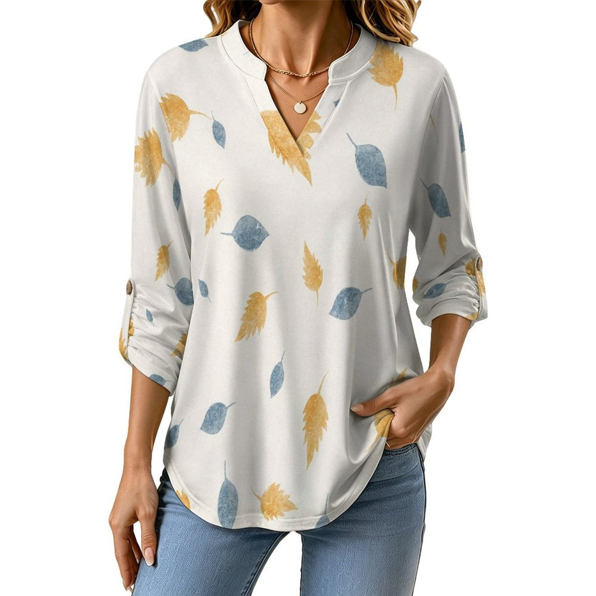 Versatile Notched V-Neck Tunic | Roll Tab 3/4 Sleeve Office Casual Top  Yellow, Blue, Maple Leaf