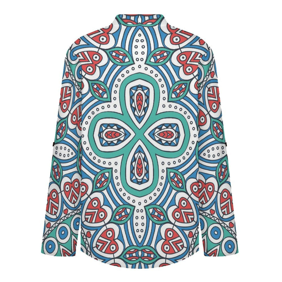 Chinese Style Repeating Pattern  Versatile Notched V-Neck Tunic | Roll Tab 3/4 Sleeve Office Casual Top