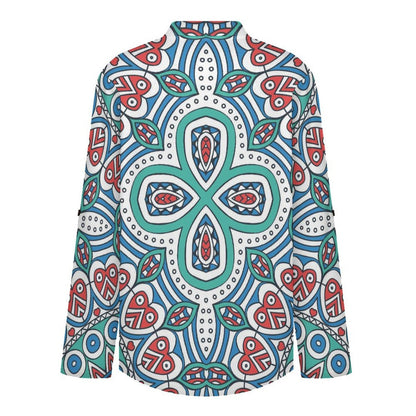 Chinese Style Repeating Pattern  Versatile Notched V-Neck Tunic | Roll Tab 3/4 Sleeve Office Casual Top