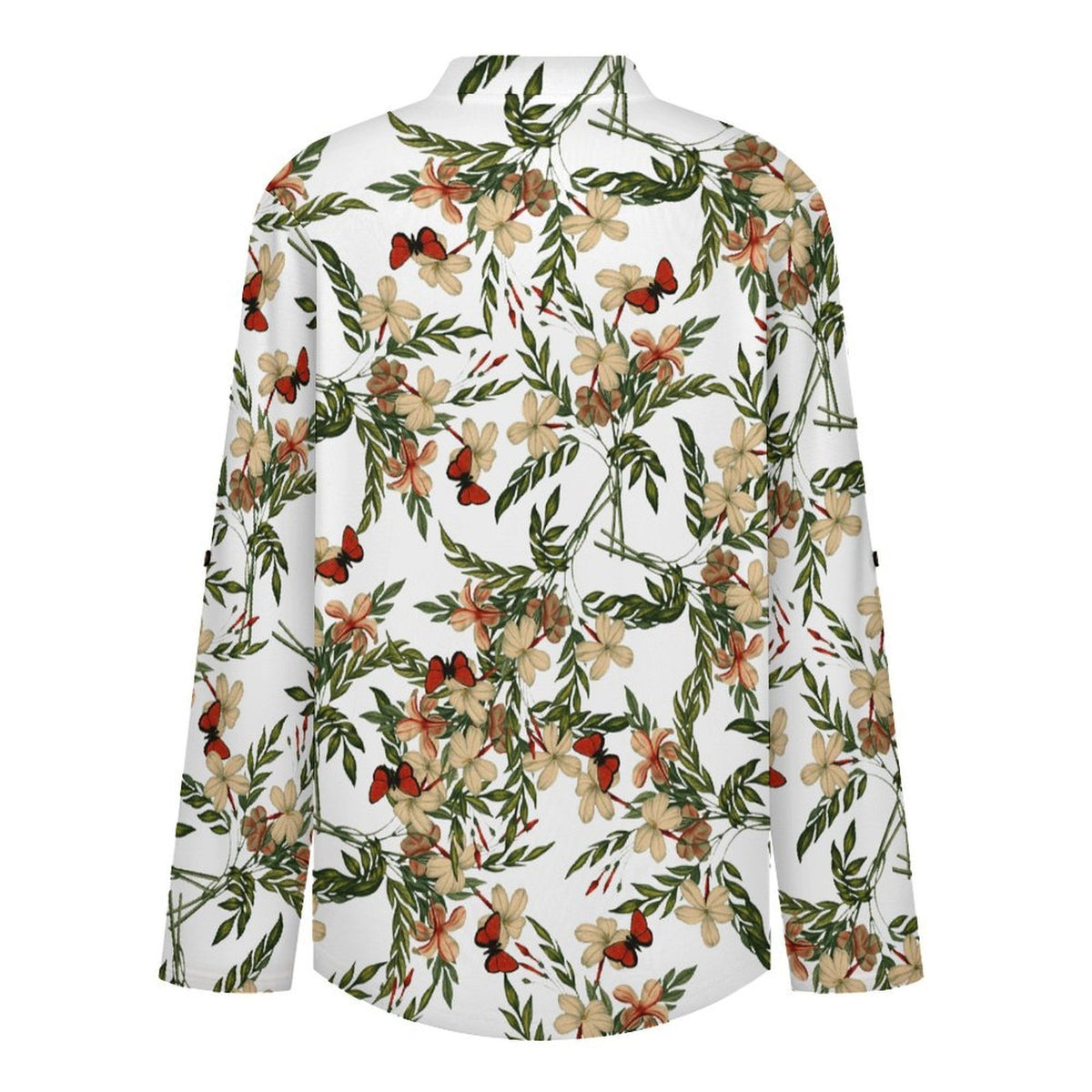 Versatile Notched V-Neck Tunic  Roll Tab 3/4 Sleeve Office Casual Top  Butterfly, Flower, Repeating Pattern