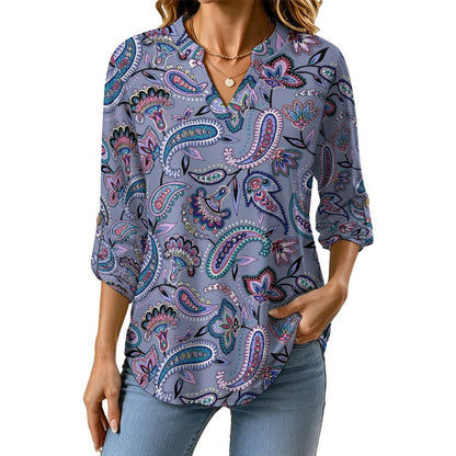 Paisley  Versatile Notched V-Neck Tunic | Roll Tab 3/4 Sleeve Office Casual Top