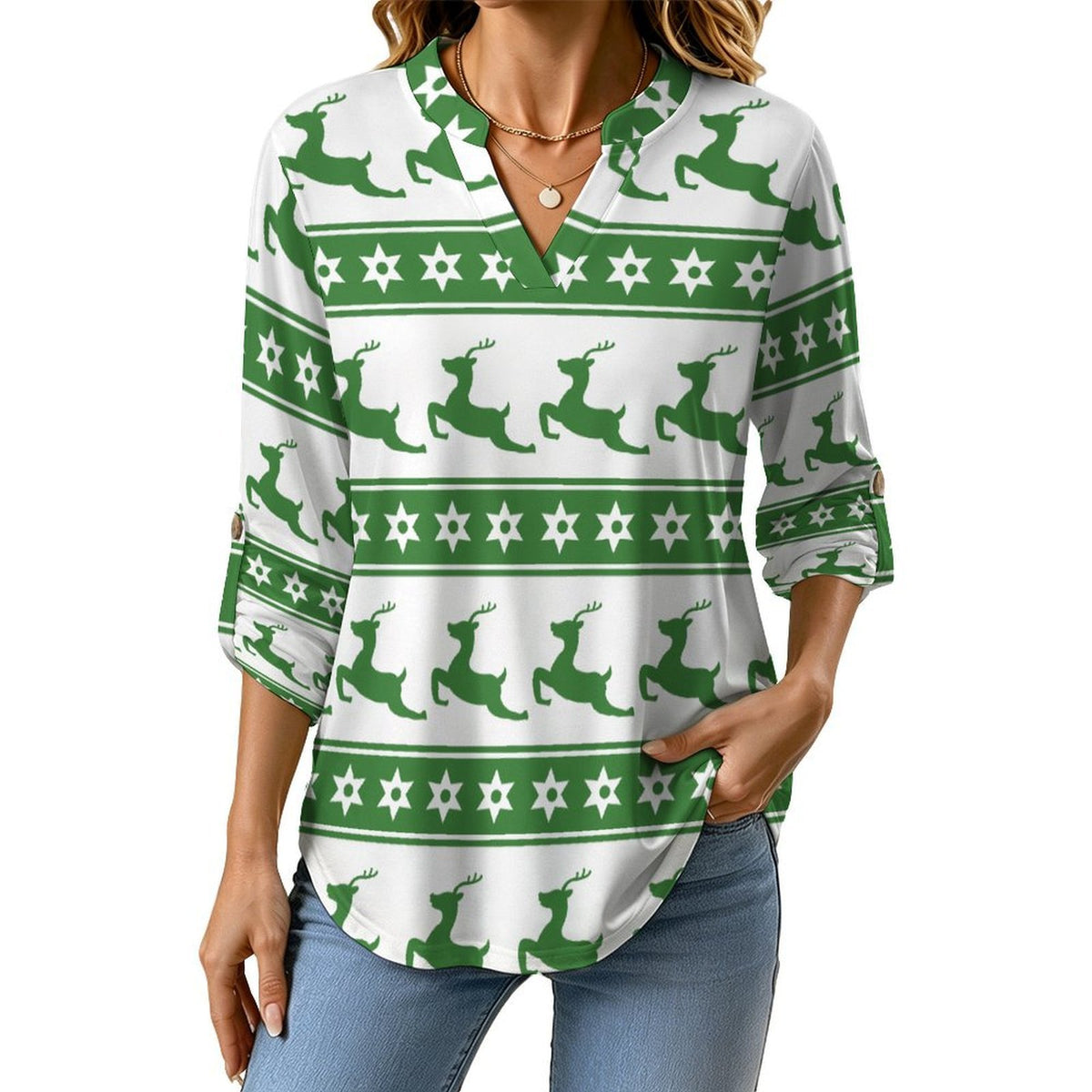 Christmas Reindeer Repeat Pattern  Versatile Notched V-Neck Tunic | Roll Tab 3/4 Sleeve Office Casual Top