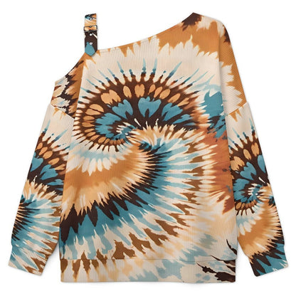 Fall Casual Asymmetric Shoulder Knit Top with Buckle Detail Tie Dye Stripes