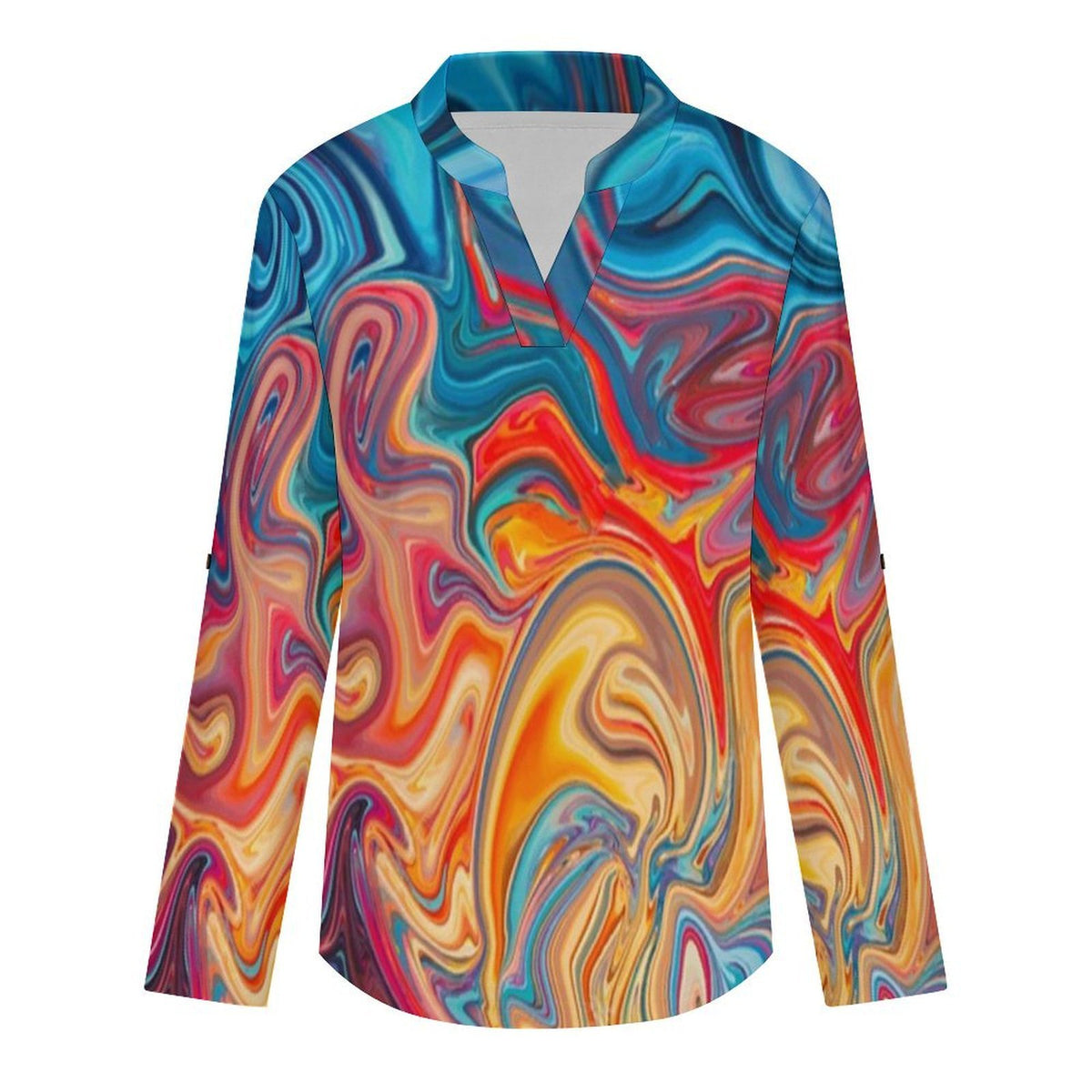 Stand-up Collar Long-sleeved Shirt Flowing Sci-fi Liquid Dazzle white S Women’s V-Neck Blouses