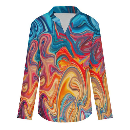 Stand-up Collar Long-sleeved Shirt Flowing Sci-fi Liquid Dazzle white S Women’s V-Neck Blouses