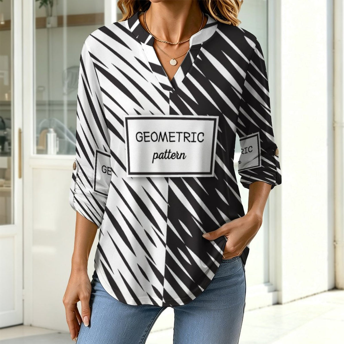 Versatile Notched V-Neck Tunic  Roll Tab 3/4 Sleeve Office Casual Top  Black And White Twill