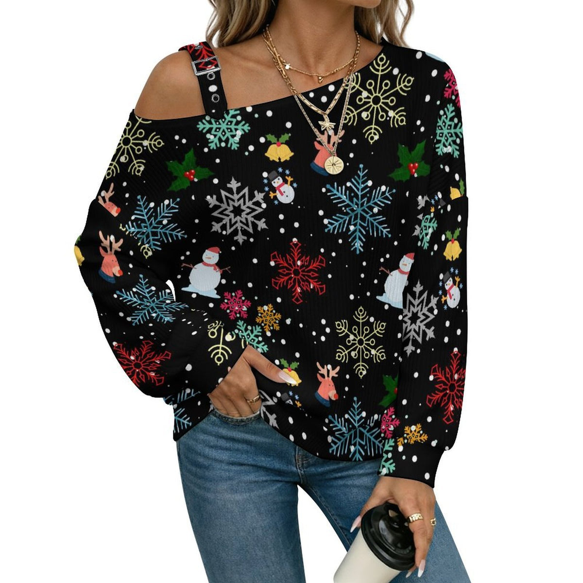 Black, Snowflakes, Santa Claus Fall Casual Asymmetric Shoulder Knit Top with Buckle Detail