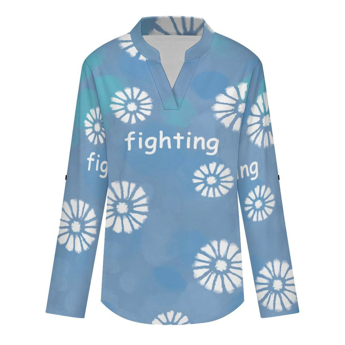 Women's Notched V Neck Tunic Tops, Roll Up 3/4 Sleeve Button Cuff Casual Blouse, Hem Loose Work Shirts  Tie-dyed Blue Daisy