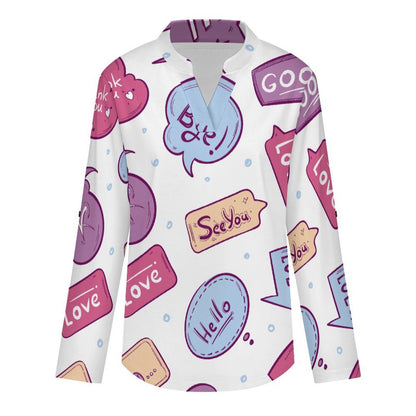 Women Curved Hem V Neck Roll Sleeve Casual Work Top  Cartoon, Pop, Pattern