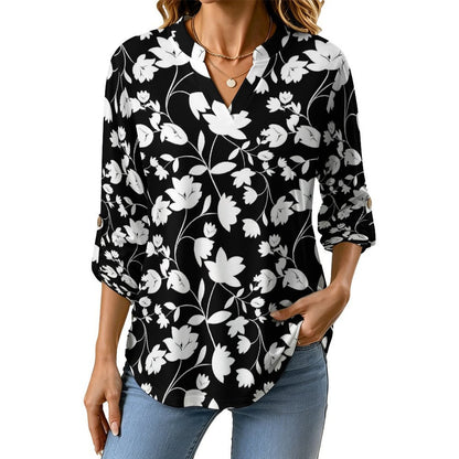 Flower  Versatile Notched V-Neck Tunic | Roll Tab 3/4 Sleeve Office Casual Top