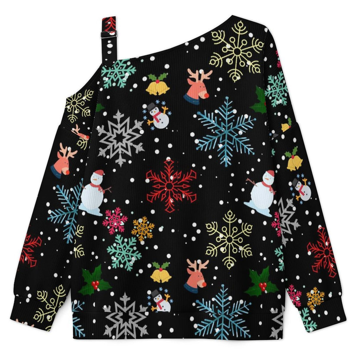 Black, Snowflakes, Santa Claus Fall Casual Asymmetric Shoulder Knit Top with Buckle Detail