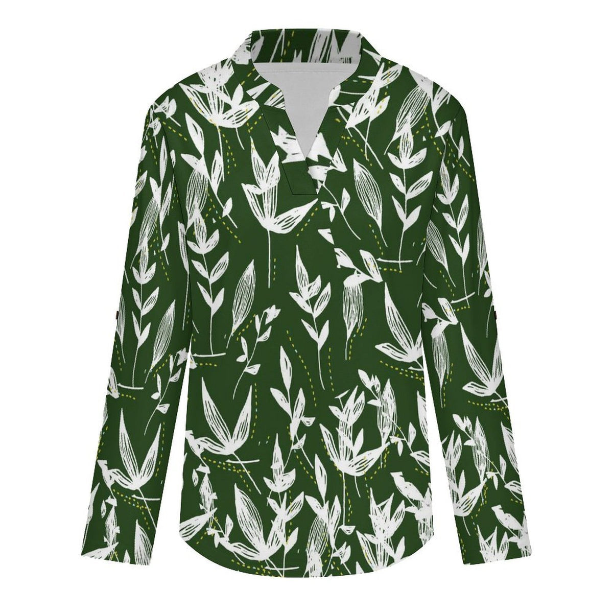 Women's Notched V Neck Tunic Tops, Roll Up 3/4 Sleeve Button Cuff Casual Blouse, Hem Loose Work Shirts  Green Leaf Pattern