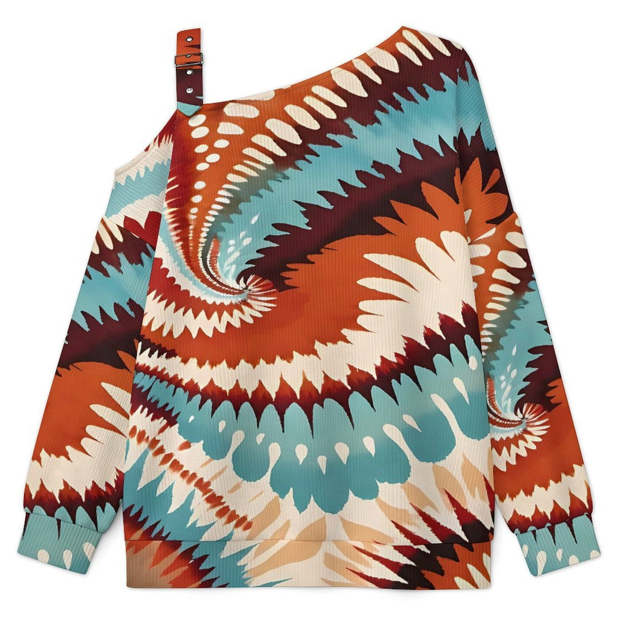 Fall Casual Asymmetric Shoulder Knit Top with Buckle Detail Tie Dye Stripes