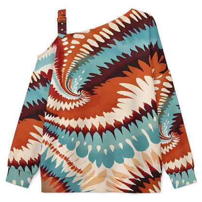 Fall Casual Asymmetric Shoulder Knit Top with Buckle Detail Tie Dye Stripes