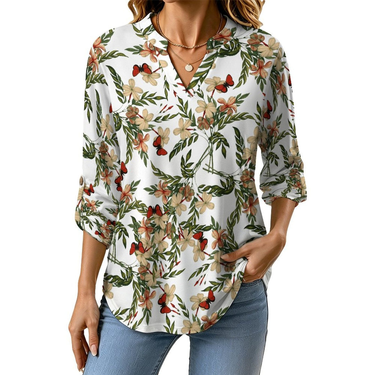Versatile Notched V-Neck Tunic  Roll Tab 3/4 Sleeve Office Casual Top  Butterfly, Flower, Repeating Pattern