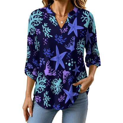 Women's Notched V Neck Tunic Tops, Roll Up 3/4 Sleeve Button Cuff Casual Blouse, Hem Loose Work Shirts  Ocean Pattern