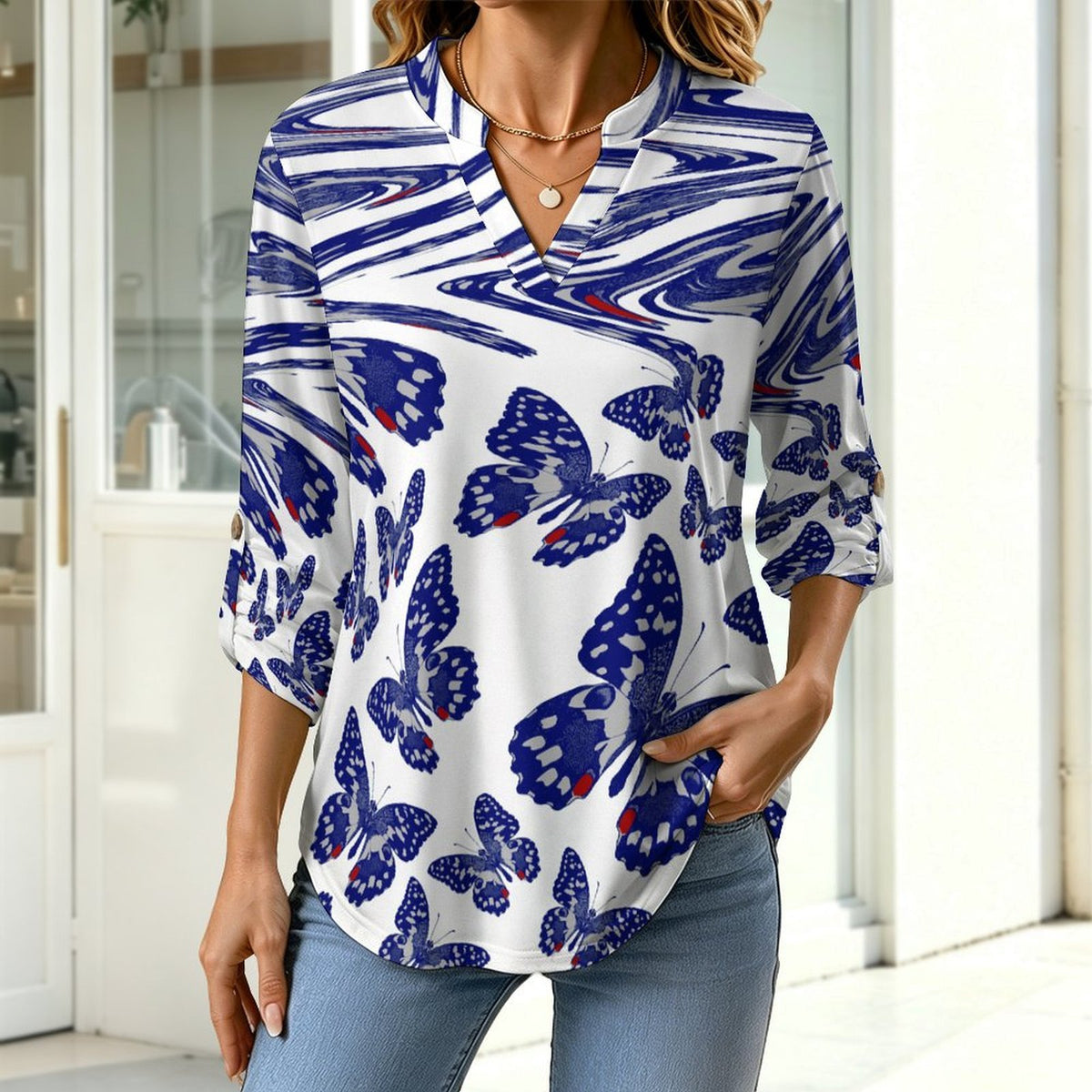 Women's Notched V Neck Tunic Tops, Roll Up 3/4 Sleeve Button Cuff Casual Blouse, Hem Loose Work Shirts  Butterflies, Shaking, Repeating Patterns