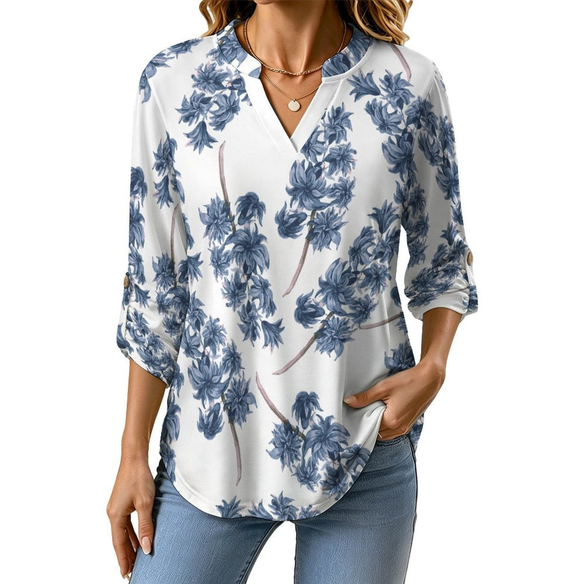 Women's Notched V Neck Tunic Tops, Roll Up 3/4 Sleeve Button Cuff Casual Blouse, Hem Loose Work Shirts  Purple Flowers, Repeating Pattern