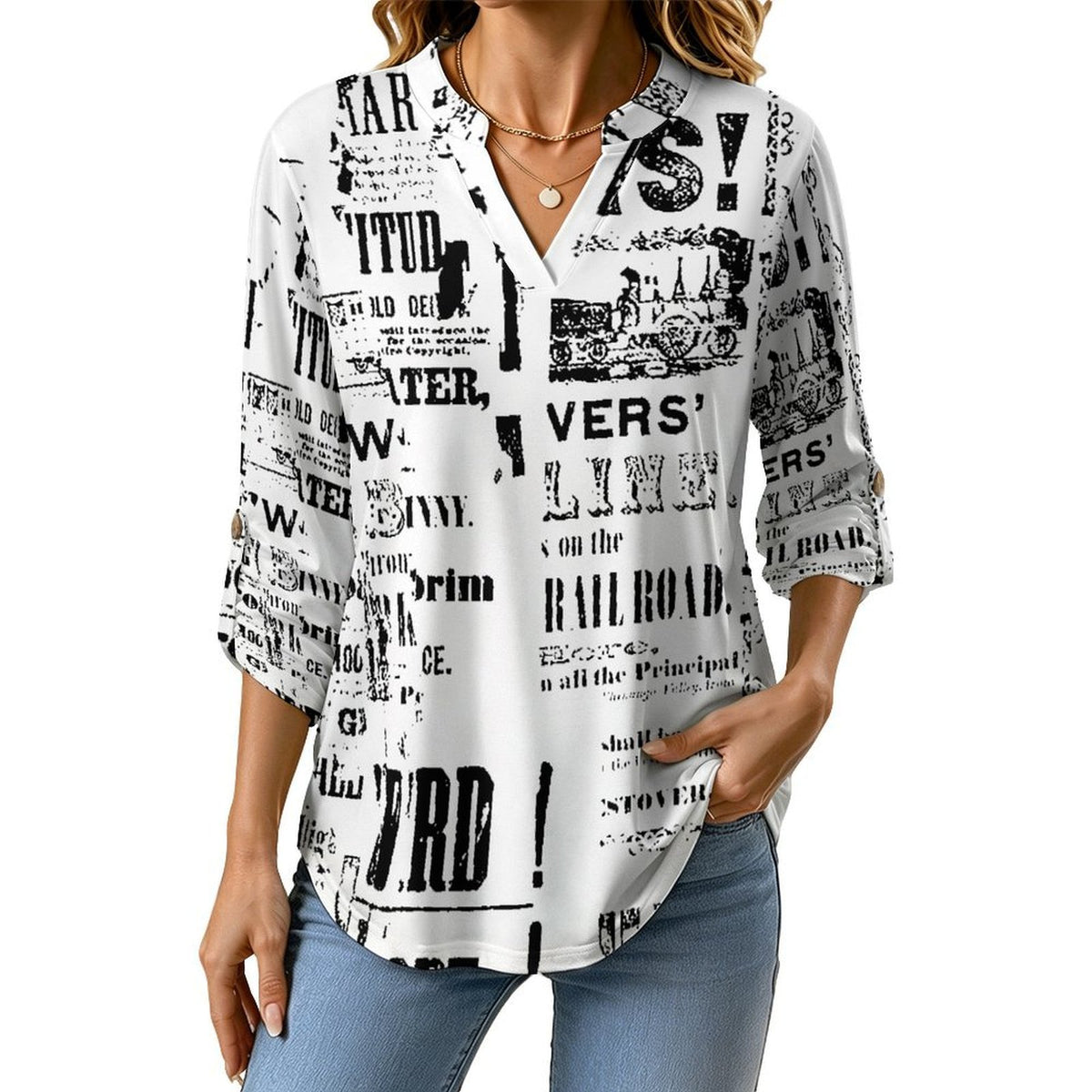 Stand-up Collar Long-sleeved Shirt Newspaper Vintage Dress white S Women’s V-Neck Blouses