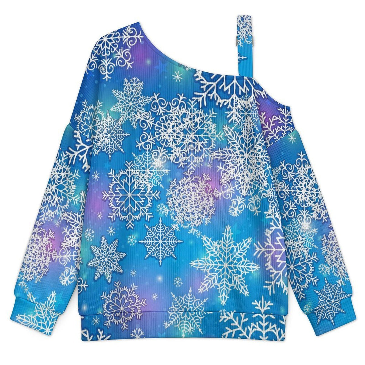 Fall Casual Asymmetric Shoulder Knit Top with Buckle Detail Blue, Snowflakes, Background