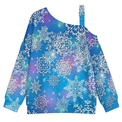 Fall Casual Asymmetric Shoulder Knit Top with Buckle Detail Blue, Snowflakes, Background