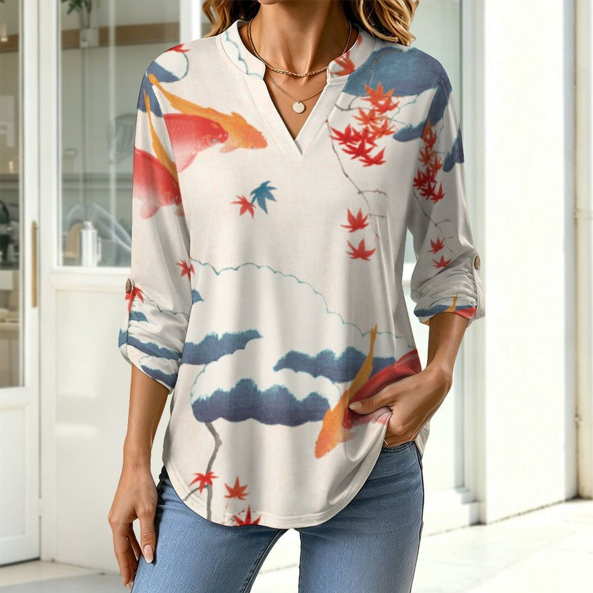 Chinese Wind, Maple Leaf, Fish  Versatile Notched V-Neck Tunic | Roll Tab 3/4 Sleeve Office Casual Top