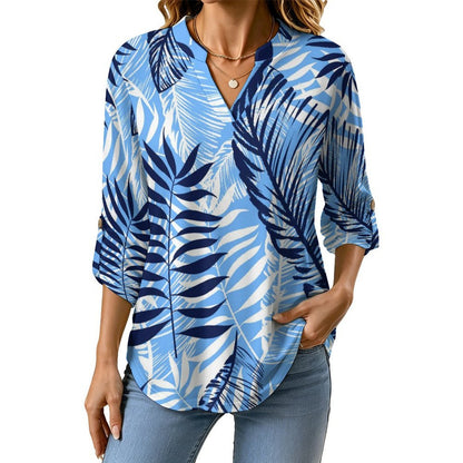 Stand-up Collar Long-sleeved Shirt Summer-flower-blue-yellow-full Print-T-shirt-phone Case white S Women’s V-Neck Blouses