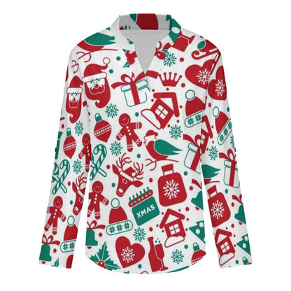 Christmas Pattern  Versatile Notched V-Neck Tunic | Roll Tab 3/4 Sleeve Office Casual Top