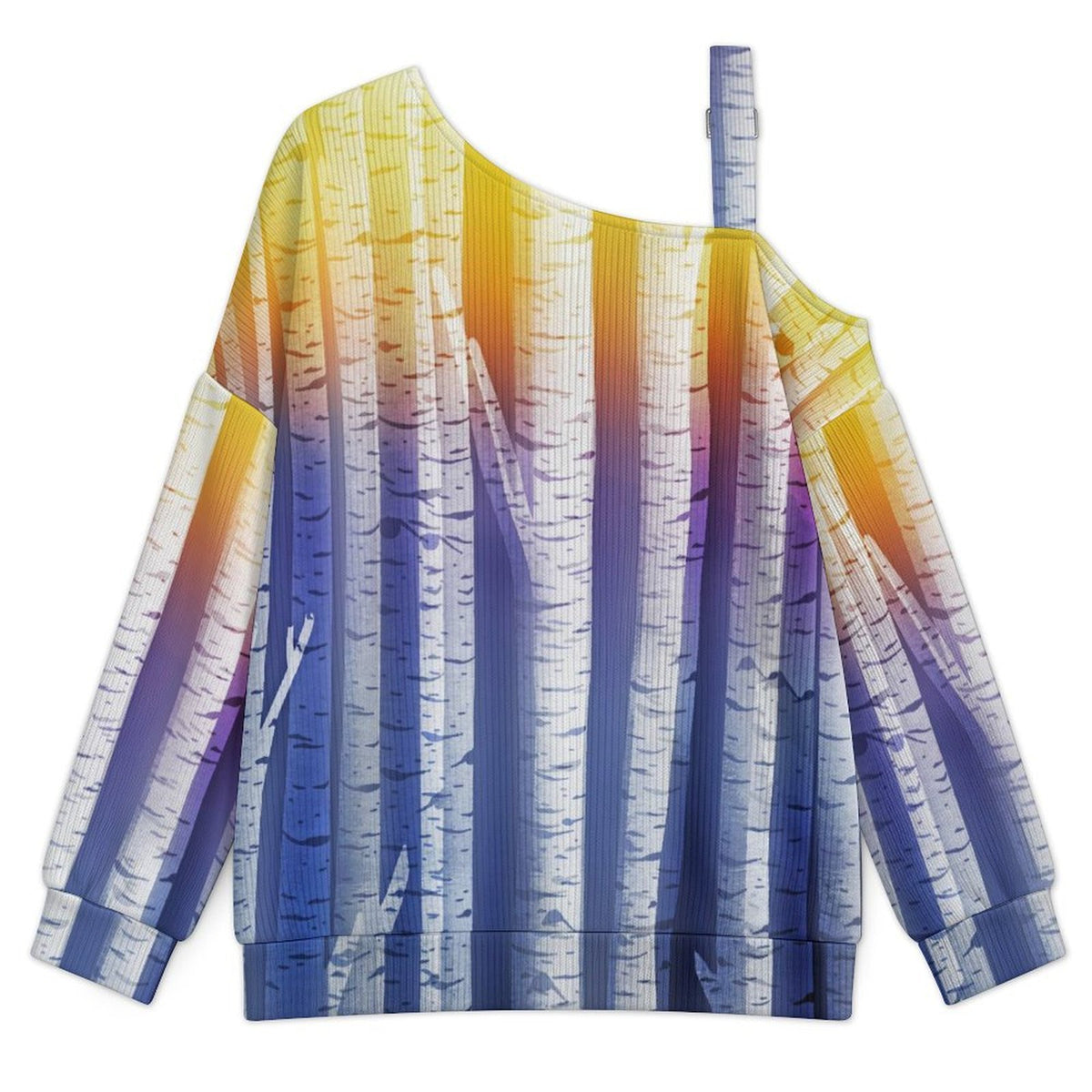 Buckle Strap Asymmetrical Off Shoulder Knit Sweater Birch Tree Background