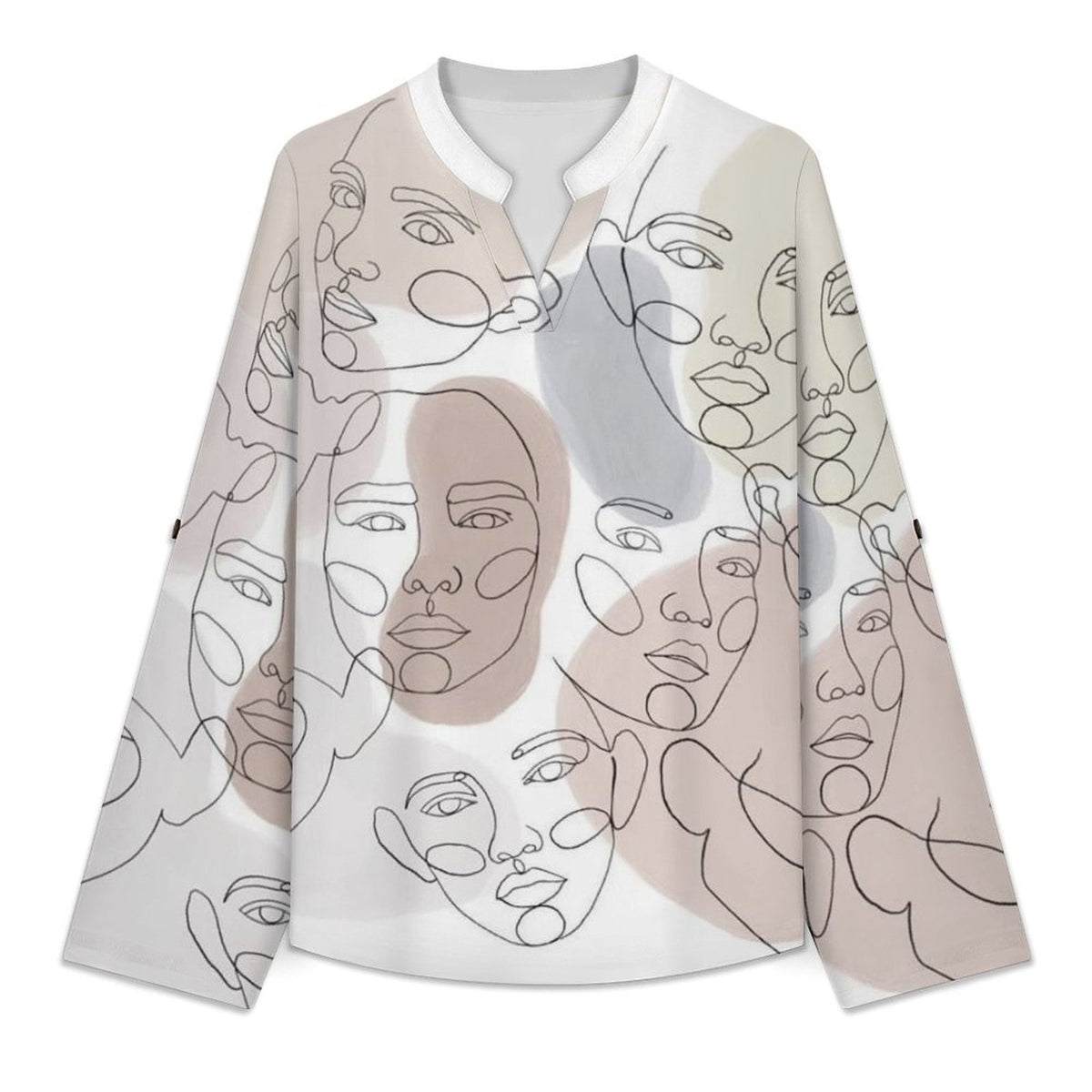 Character Line Design Roll Tab 3/4 Sleeve Notched V Neck Tunic Blouse