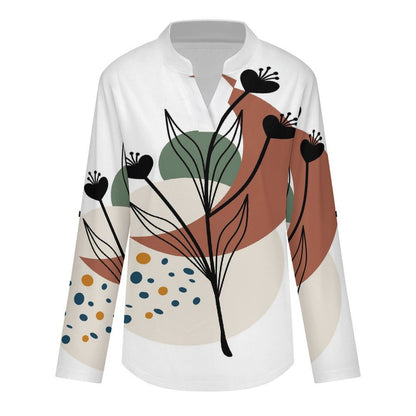 Chinese Wind Scenery  Versatile Notched V-Neck Tunic | Roll Tab 3/4 Sleeve Office Casual Top