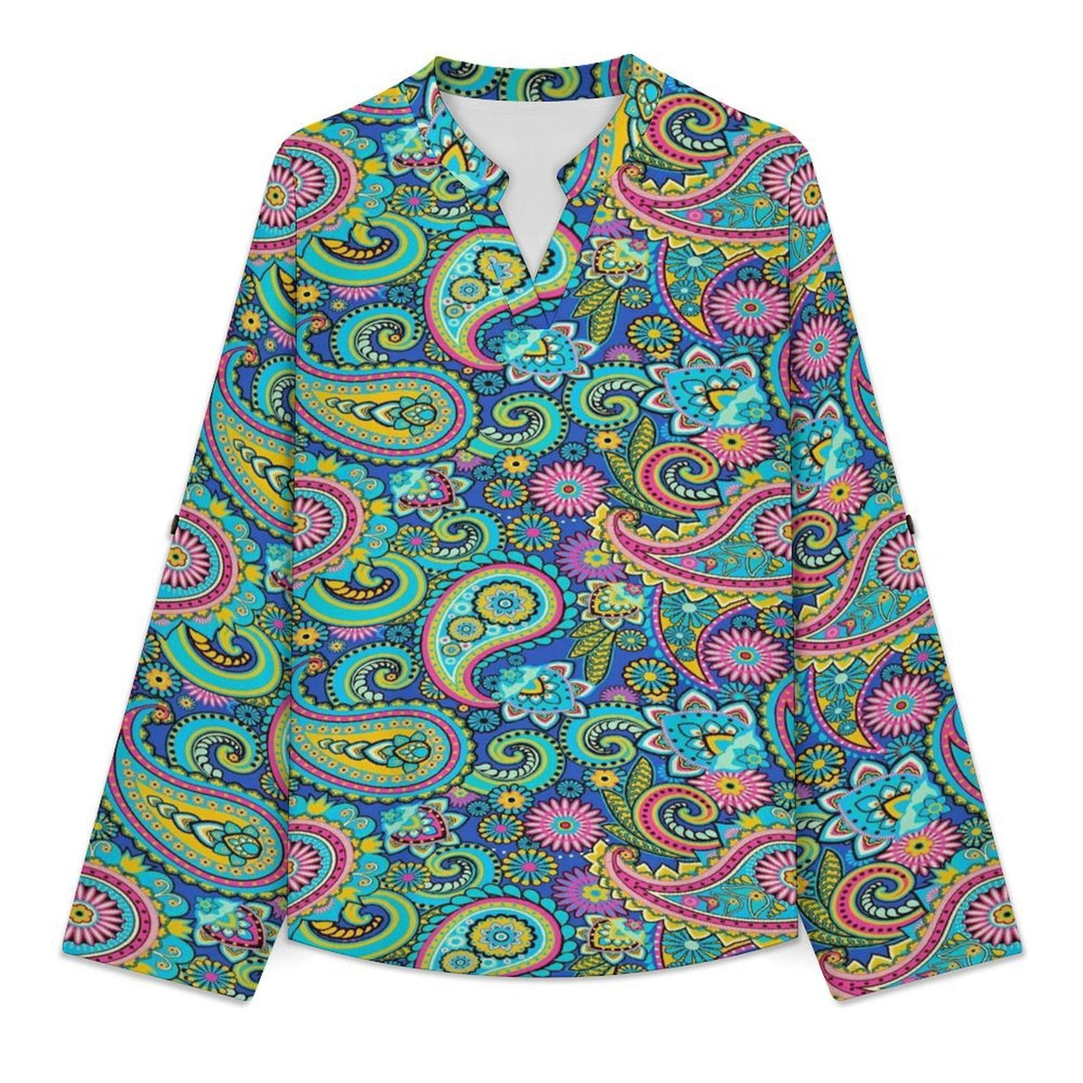 Paisley  Versatile Notched V-Neck Tunic | Roll Tab 3/4 Sleeve Office Casual Top