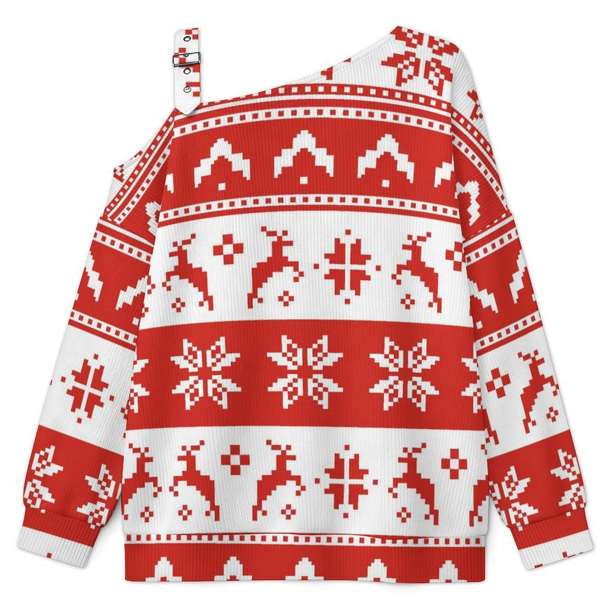 Fall Casual Asymmetric Shoulder Knit Top with Buckle Detail Christmas Pattern Red White Pixel
