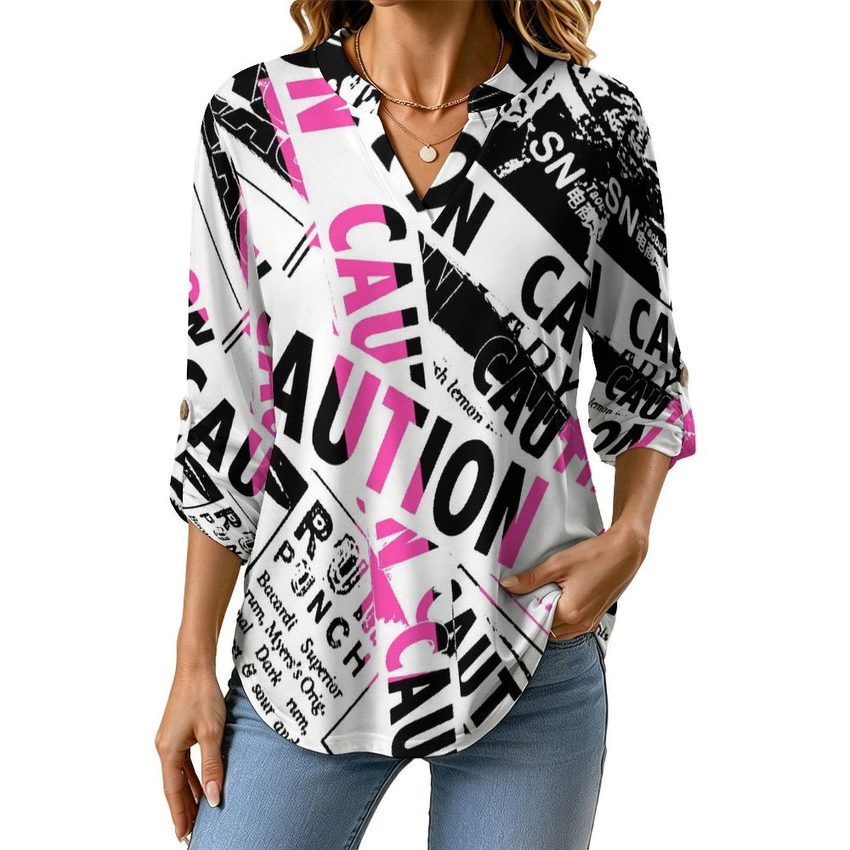 Versatile Notched V-Neck Tunic  Roll Tab 3/4 Sleeve Office Casual Top  Vintage Newspaper