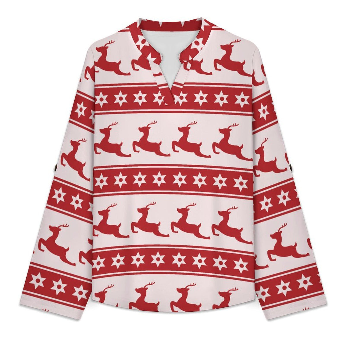 Christmas Reindeer Repeat Pattern  Versatile Notched V-Neck Tunic | Roll Tab 3/4 Sleeve Office Casual Top
