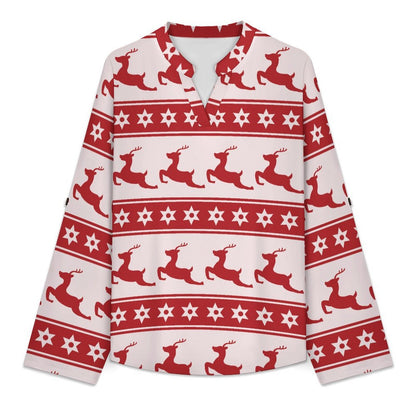 Christmas Reindeer Repeat Pattern  Versatile Notched V-Neck Tunic | Roll Tab 3/4 Sleeve Office Casual Top