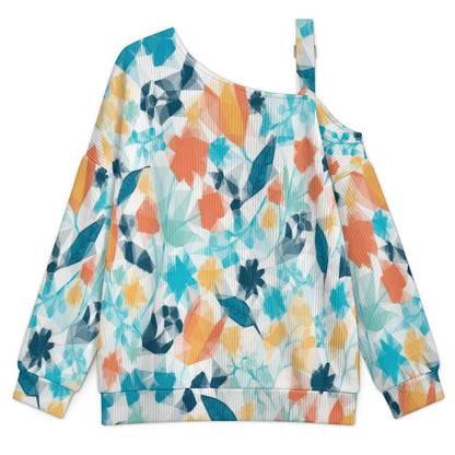 Fall Casual Asymmetric Shoulder Knit Top with Buckle Detail Colored Flowers, Abstract Patterns