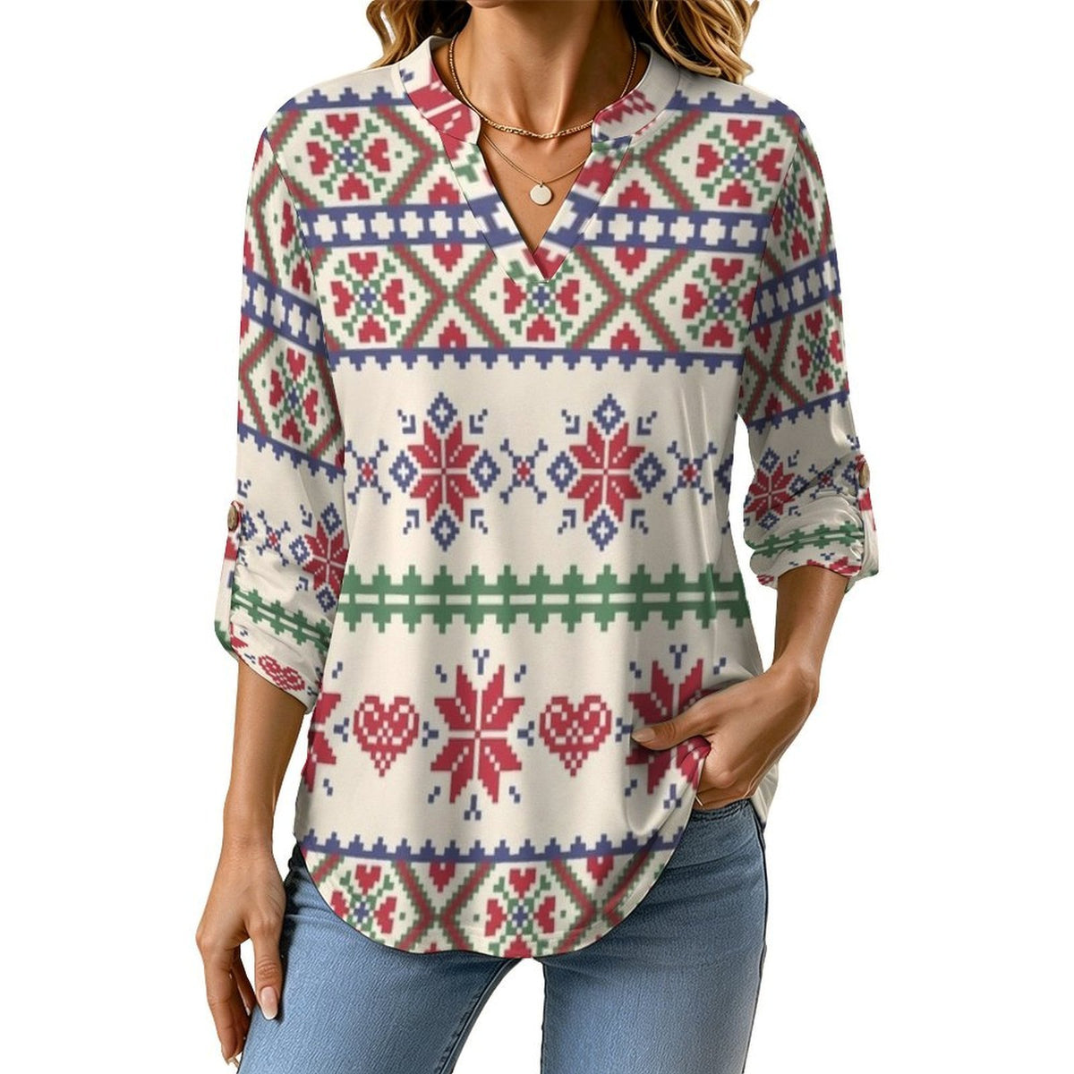 Christmas Pattern Roll Tab 3/4 Sleeve Notched V Neck Tunic Blouse
