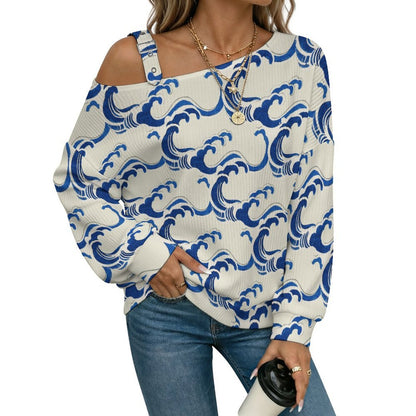 Women’s Off-Shoulder Knit Sweater Retro Wave Background