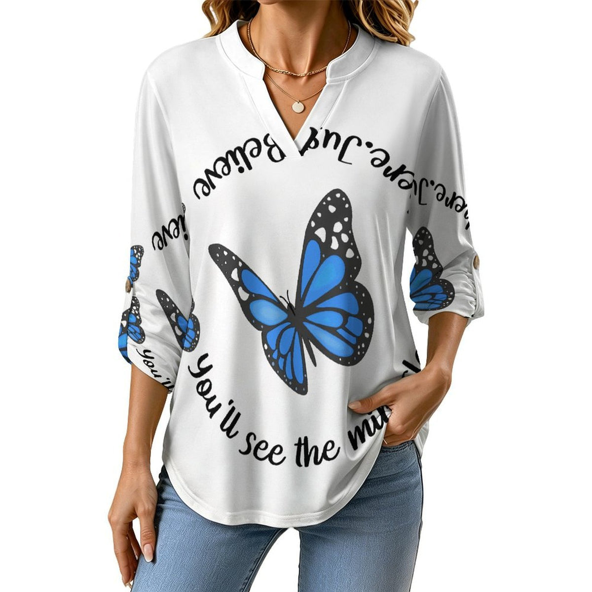 Women's Notched V Neck Tunic Tops, Roll Up 3/4 Sleeve Button Cuff Casual Blouse, Hem Loose Work Shirts  Blue Butterfly