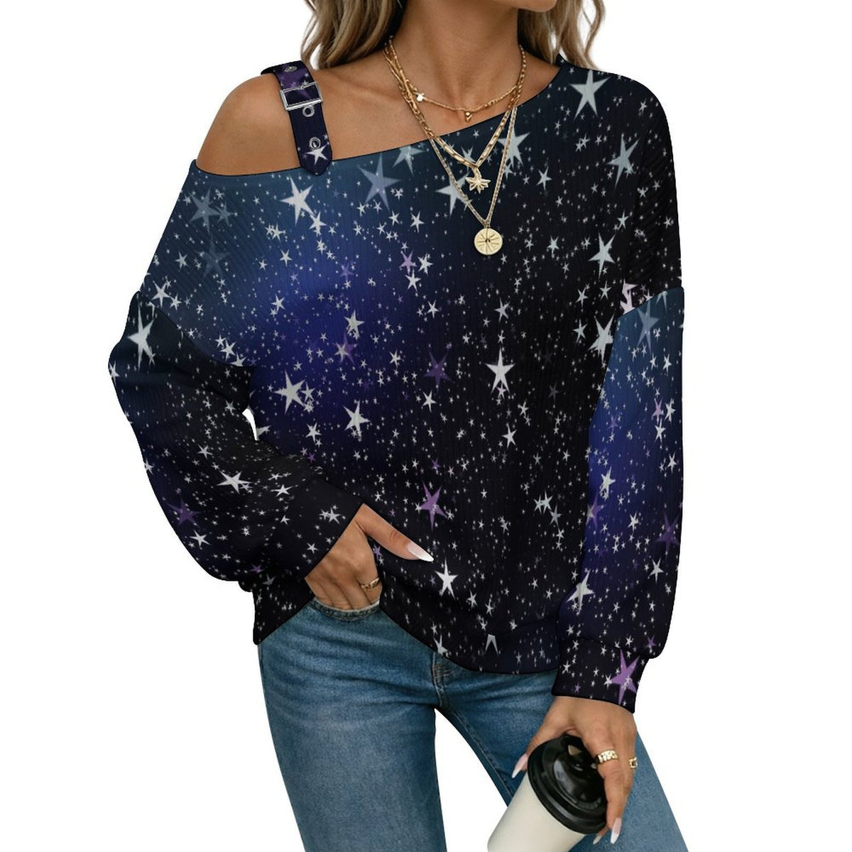 Fall Casual Asymmetric Shoulder Knit Top with Buckle Detail Night, Starry Sky