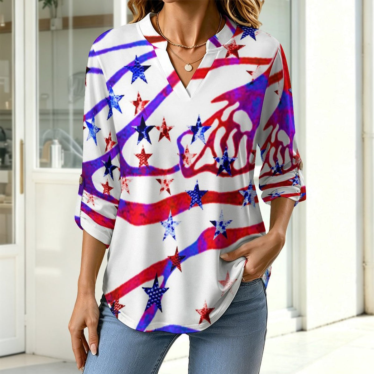 Women's Notched V Neck Tunic Tops, Roll Up 3/4 Sleeve Button Cuff Casual Blouse, Hem Loose Work Shirts  Flow,American Flag,star