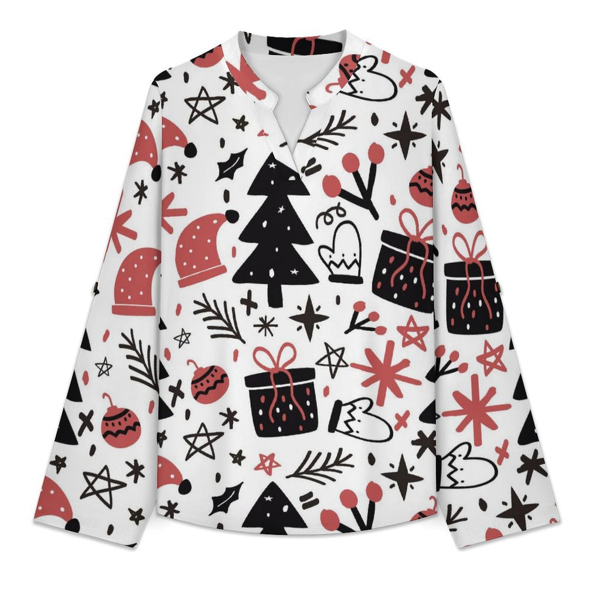 Christmas, Tree, Christmas Hat  Versatile Notched V-Neck Tunic | Roll Tab 3/4 Sleeve Office Casual Top