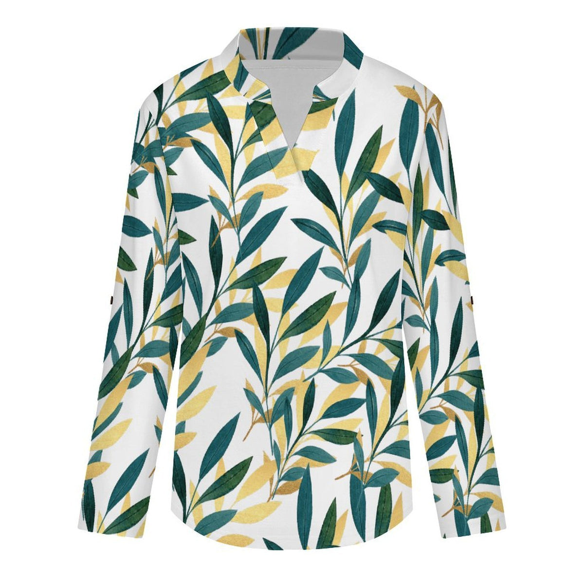 Leaves, Gold, Repeating Pattern  Versatile Notched V-Neck Tunic | Roll Tab 3/4 Sleeve Office Casual Top