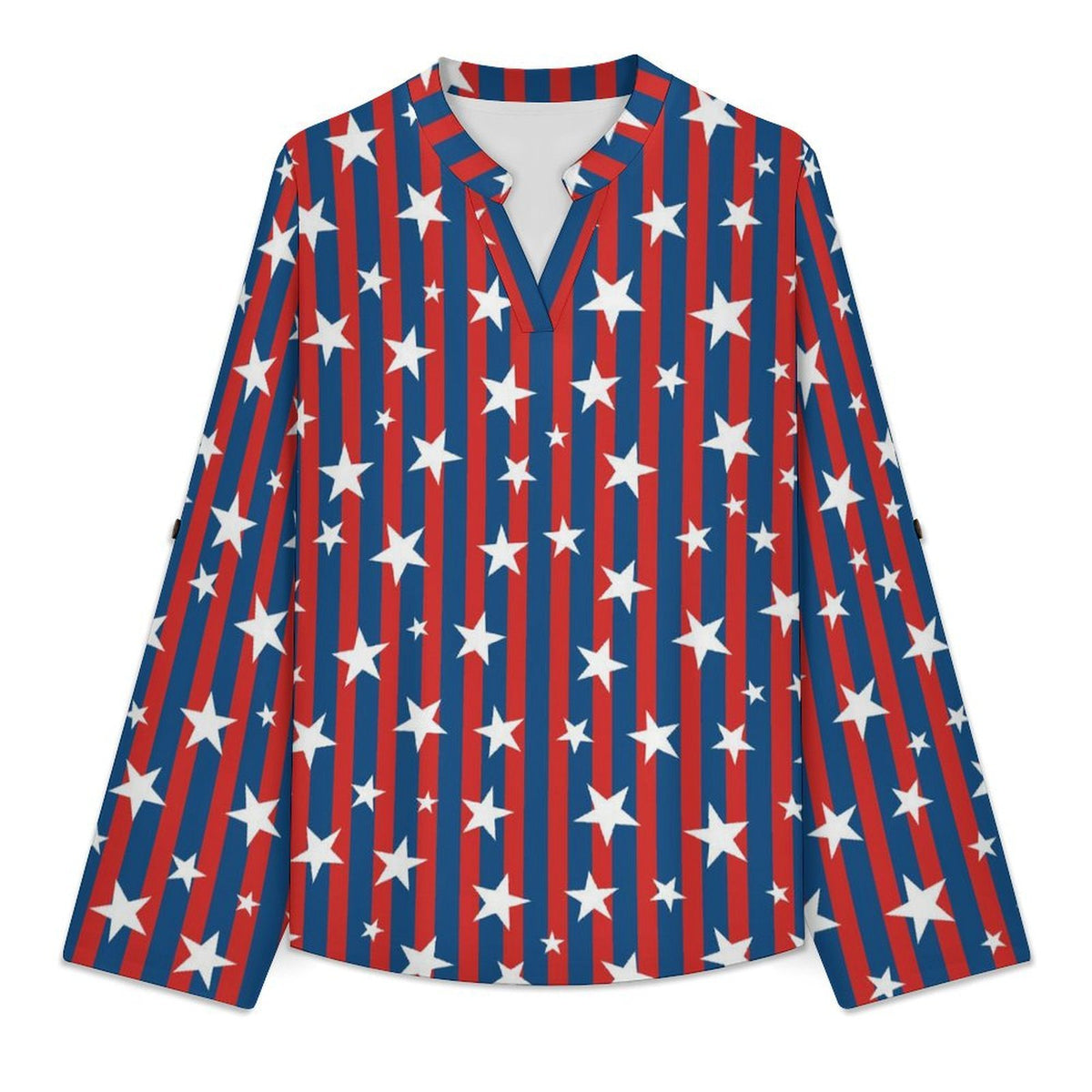 American Flag Roll Tab 3/4 Sleeve Notched V Neck Tunic Blouse